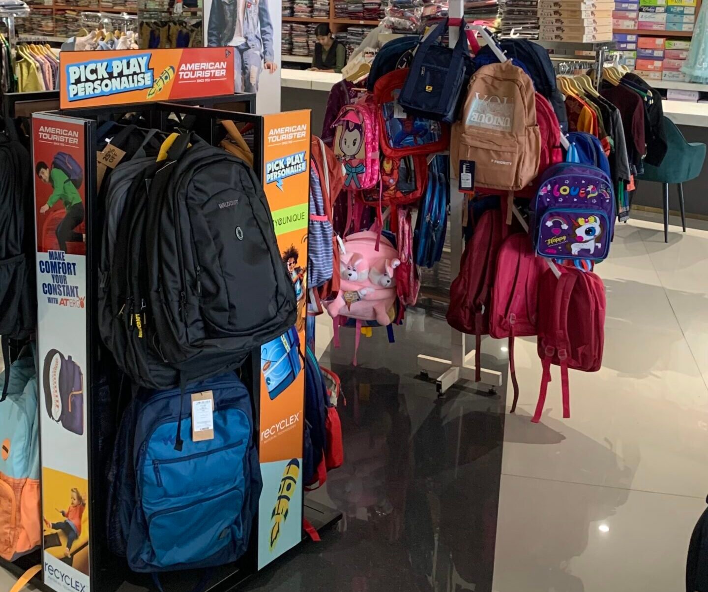 American Tourister and Wildcraft Backpacks Display
